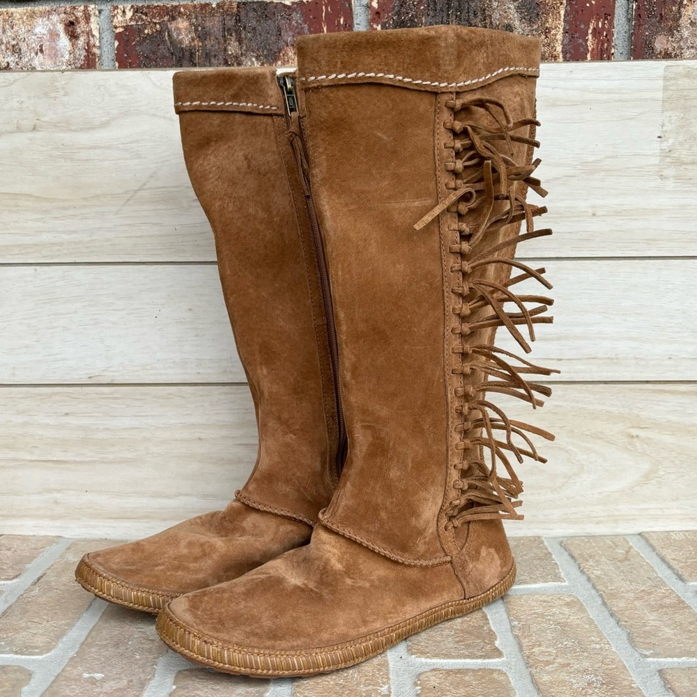 UGG Mammoth Boots Womens 8 Tan Suede Fringe Tall Riding Zipper Boho Festival NEW